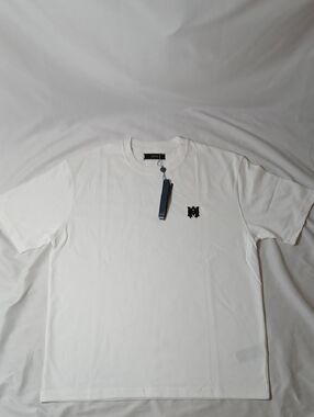 AMIRI White Short Sleeve Crewneck Tee with Black Logo Patch